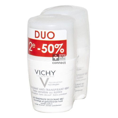 Vichy Déodorant Roll On Anti Transpirant 48H Peaux Sensibles ou Épilées 2 x 50 ml Prix Promo