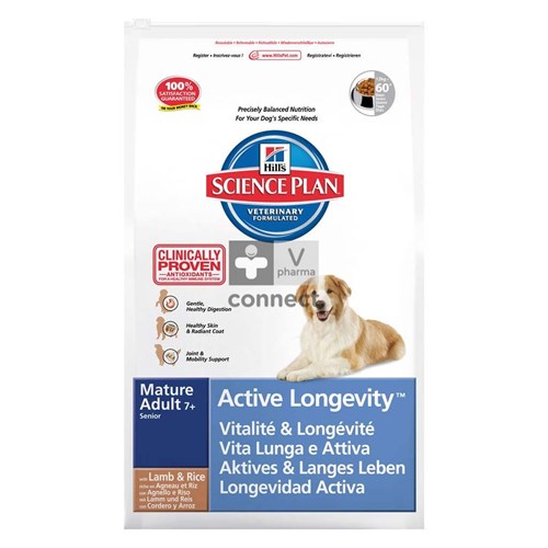 Hills Science Plan Canine Mature Adult Active Longevity Medium 12 Kg Agneau - Riz